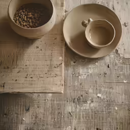 a coffee cup and saucer on an old wooden table