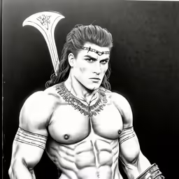 a drawing of an ancient warrior with two ax axes on his head