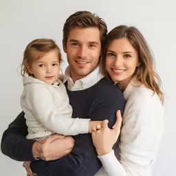 a happy young couple holds their daughter for a portrait