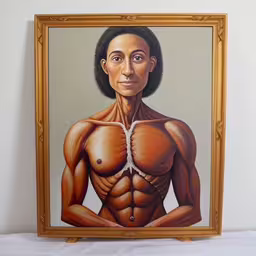 the man has muscles in each chest and no shirt,a painting of a woman is mounted in an empty room