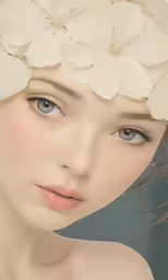 a model is wearing flowers in her hair