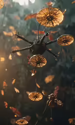 a bunch of yellow leaves flying through the air