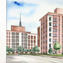 painting of buildings next to a city street,a painting of two buildings in a city,some buildings a street and trees in a watercolor on paper,some buildings in front of the water are shown in this drawing,a watercolor painting shows an urban area with buildings