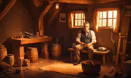 a man sits in his work room with a bucket, wood bucket and other tools,the man in the room is sitting at a wooden desk