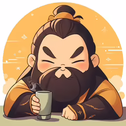 a man with a beard is holding a coffee cup