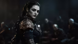 a woman dressed in black, a dark suit and long gloves