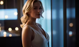 a woman in a white dress is standing near a wall with candles