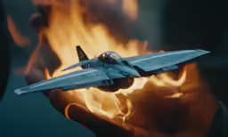 a toy jet on fire in someones hand
