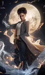 the woman in front of a full moon wearing an oversized coat