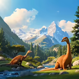 a painting of two dinosaurs and a water source in front of a mountain range