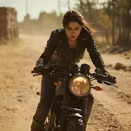 a woman on a motorcycle riding down the road