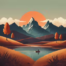 this is a painting of some sort of mountain landscape,a painting of the mountains with a lake in front