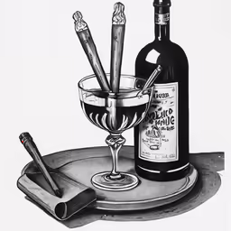 a bottle, wine glass and a cinnamon stick on a tray