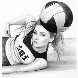 an image of woman laying down with a volleyball on her head