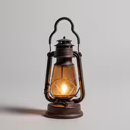 a brass metal lantern has an old fashioned light inside