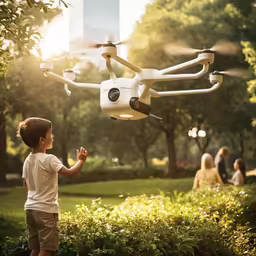 a young boy is flying a quadcoptele in a park