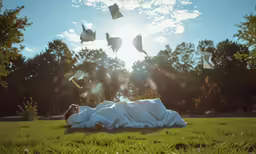 a man is laying in the grass under birds flying above him