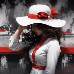 a woman wearing a white hat and holding a camera