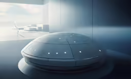 a white futuristic room with furniture and window