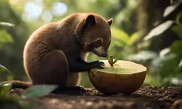 there is a small monkey that is eating from the bowl