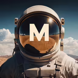 an astronaut holding his head in the air, with the letter m on his face