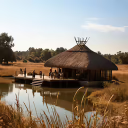 an out building on top of a river near dry grass