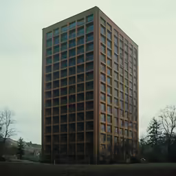 a tall building with multiple story windows sitting in the middle of a field
