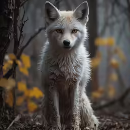 a small wolf sitting on top of dry grass next to trees
