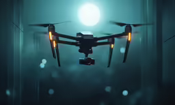 a small remote controlled aerial device flying through the night sky