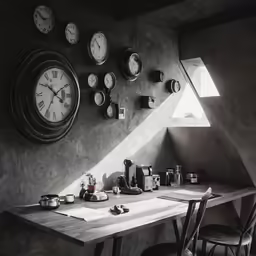 a table with several clocks and a pair of chairs in front of it