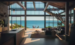 a large living room with a view of the ocean
