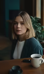 woman with medium hair at table with cup of coffee