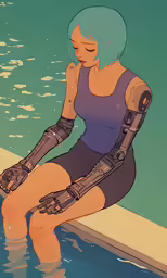 a woman with arms up sitting in the water wearing a pair of gloves and a helmet
