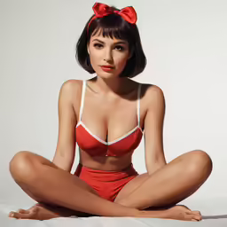 a beautiful woman in red lingerie posing on white