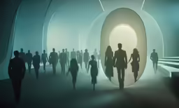 a group of people walk through a tunnel