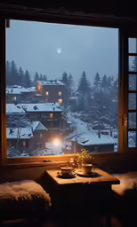 view out a large window of a snowy town
