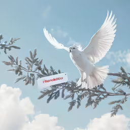 a white bird flying above some trees and clouds