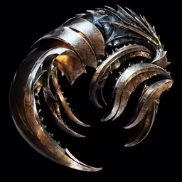 a silver sculpture with gold accents on a black background
