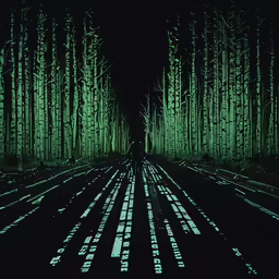 a dark forest with long straight lines of green