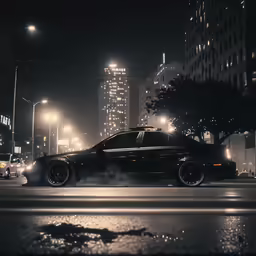 a car in the middle of an intersection at night with fog
