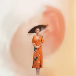 an image of woman wearing an orange dress and holding an umbrella