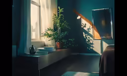 a room filled with furniture and a plant