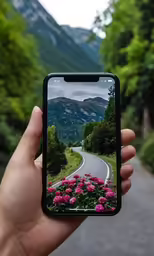 the woman is holding her phone with flowers in front of her
