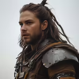 the man is dressed in armor and dreadlocks
