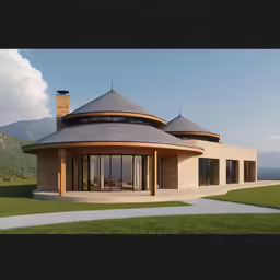 a circular house with patio and outdoor area