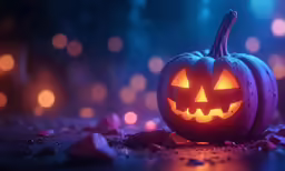 an illuminated jack o lantern pumpkin with its mouth open and its eyes glowing