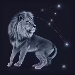a lion sitting on the ground next to stars