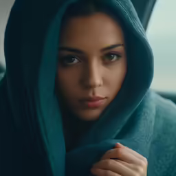 the woman is wrapped in a blue towel