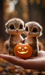 two small baby meerkats are sitting inside of a pumpkin
