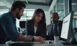 three business people having a discussion at a desk